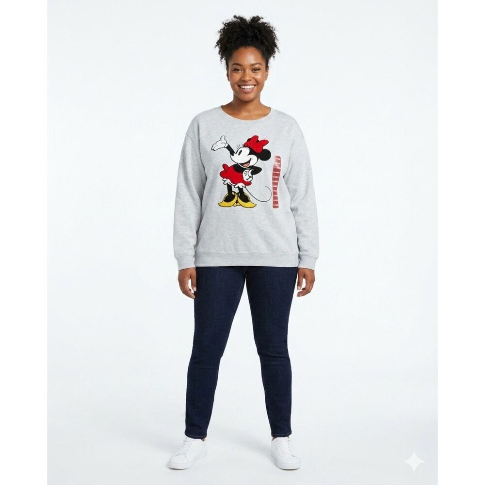 Disney Minnie Mouse Sweatshirt Womens XL Gray Fleece Textured Applique Pullover